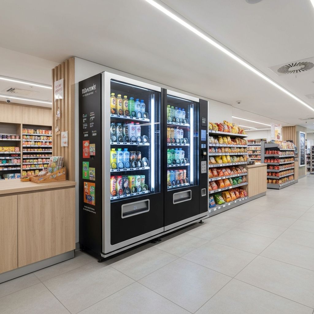 Distributeur automatique dans un espace commercial moderne